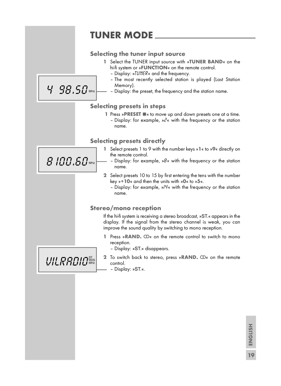 Grundig UMS 4700 SPCD 98.50MHz, Selecting the tuner input source, Selecting presets in steps, Selecting presets directly 