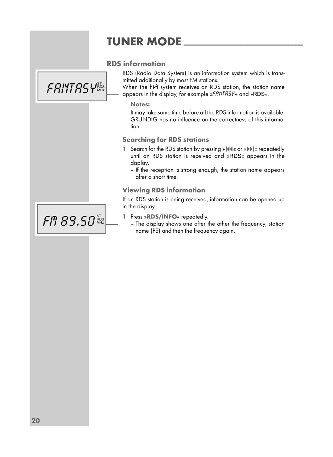 Grundig UMS 4700 SPCD manual FM 89.50RDS, Searching for RDS stations, Viewing RDS information 