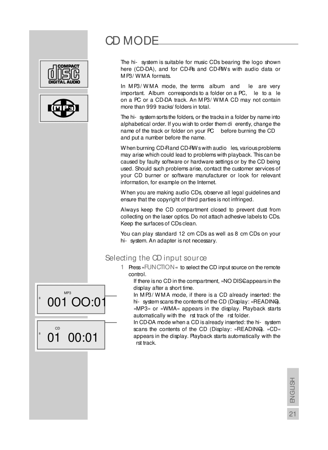 Grundig UMS 4700 SPCD manual 001 OO01, Selecting the CD input source 