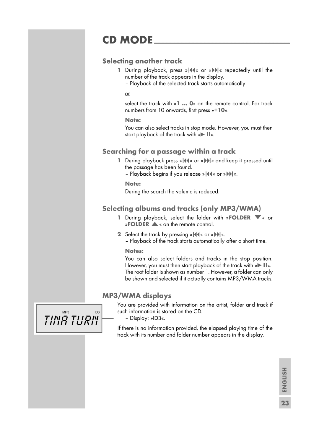 Grundig UMS 4700 SPCD manual Selecting another track, Searching for a passage within a track, MP3/WMA displays 