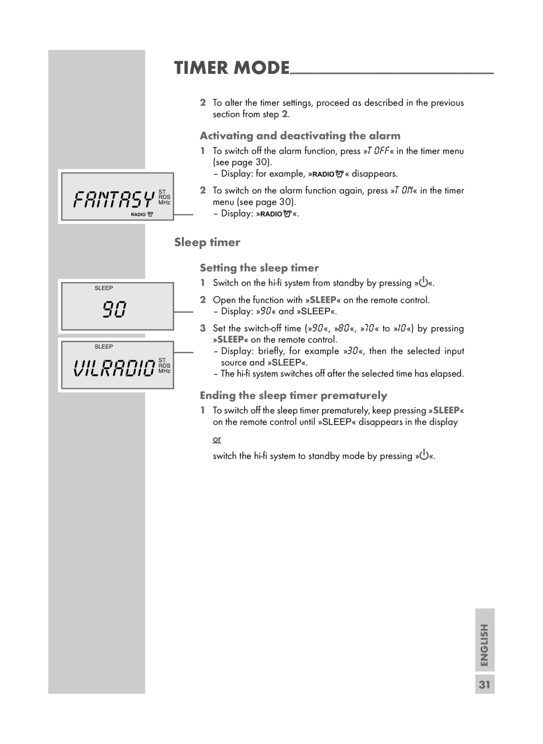 Grundig UMS 4700 SPCD manual Sleep timer, Activating and deactivating the alarm, Setting the sleep timer 