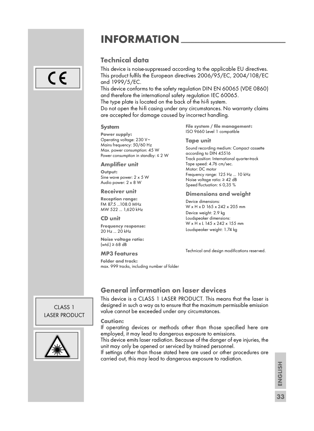 Grundig UMS 4700 SPCD manual Technical data, General information on laser devices 