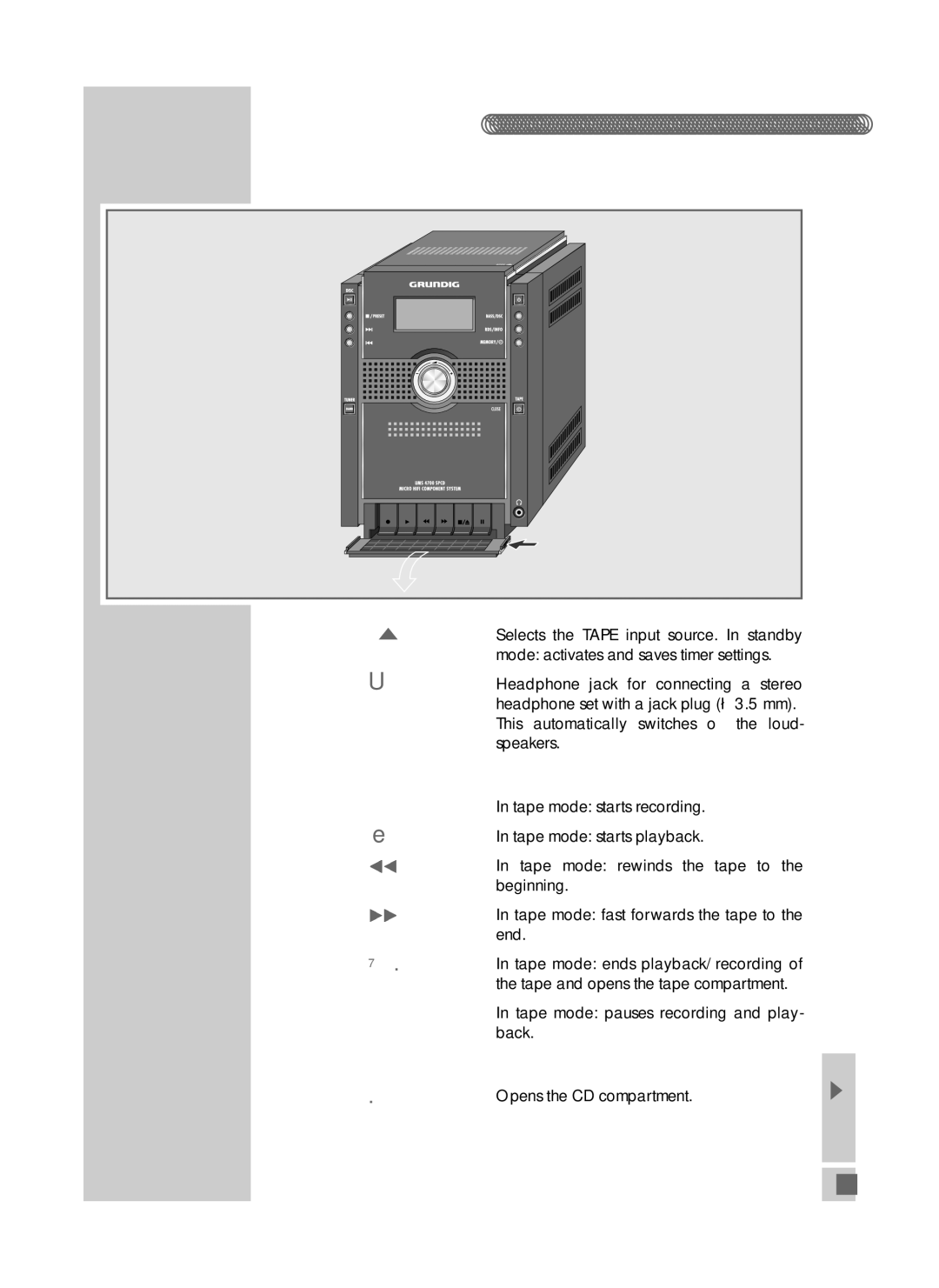 Grundig UMS 4700 SPCD manual Under the front ﬂap, On the top, Tape ≈ 