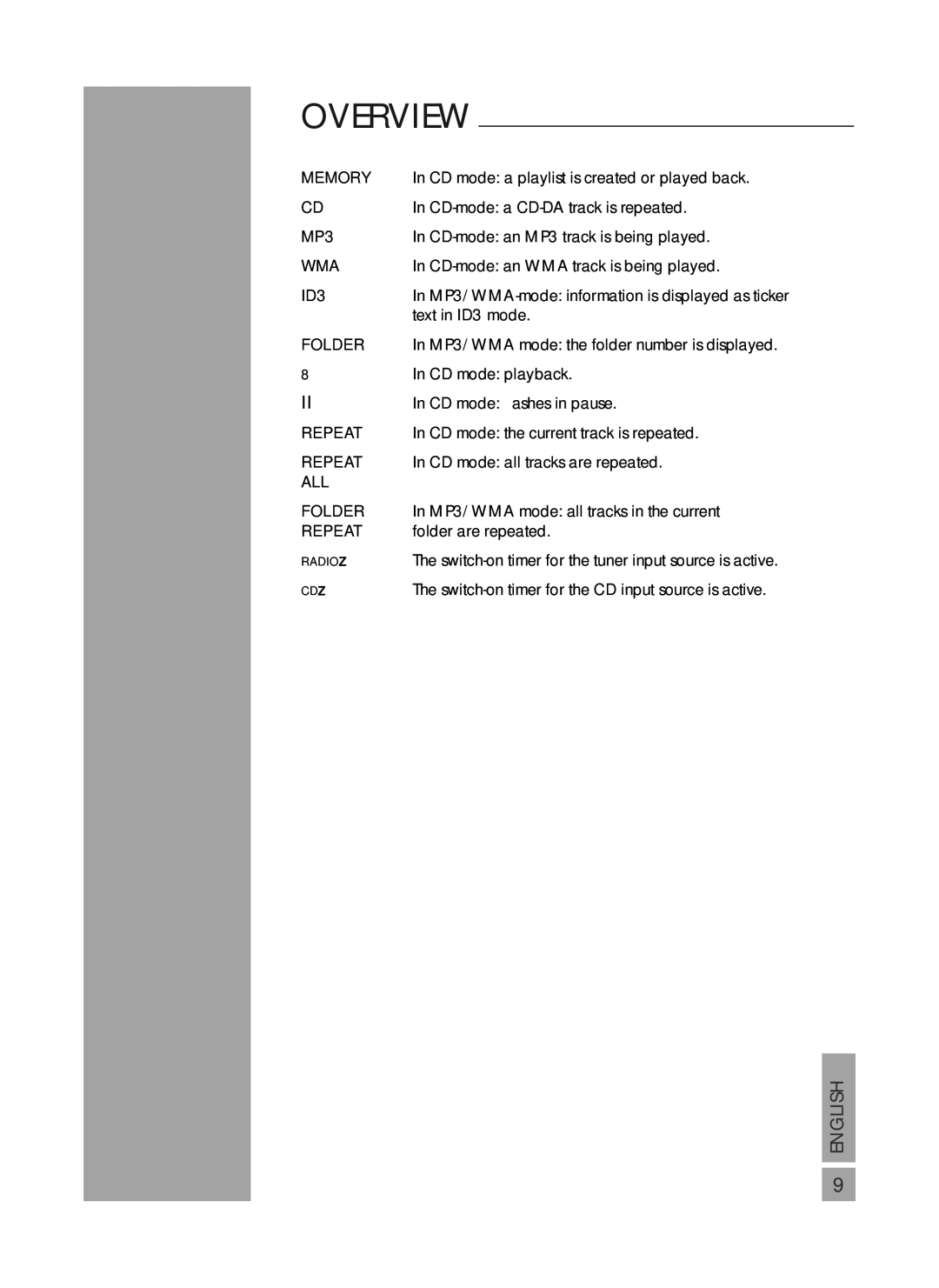 Grundig UMS 4700 SPCD manual CD-mode a CD-DA track is repeated, CD-mode an MP3 track is being played, Text in ID3 mode 