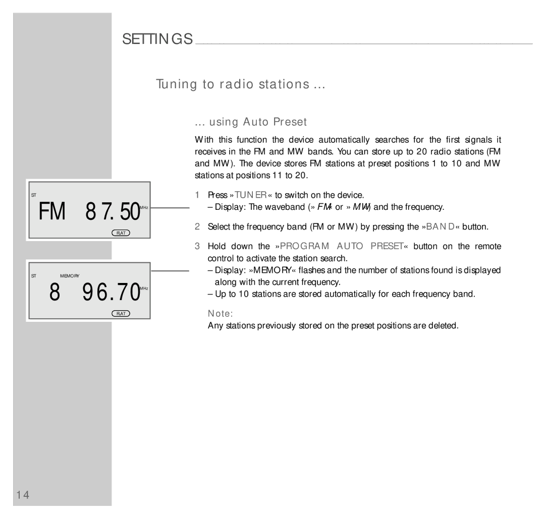 Grundig UMS 5100 manual 6 0MHz, Tuning to radio stations, Using Auto Preset 