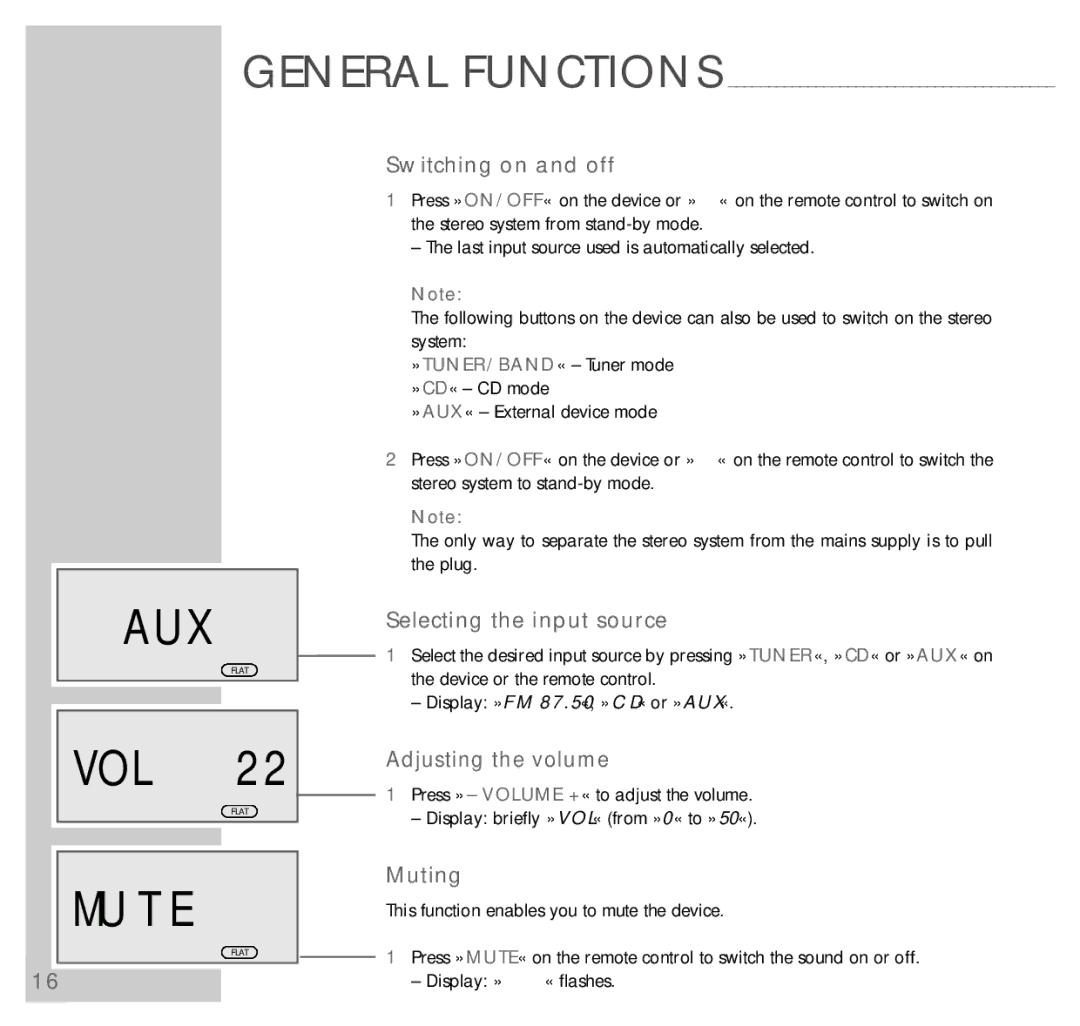 Grundig UMS 5100 manual T E, Switching on and off, Selecting the input source, Adjusting the volume, Muting 