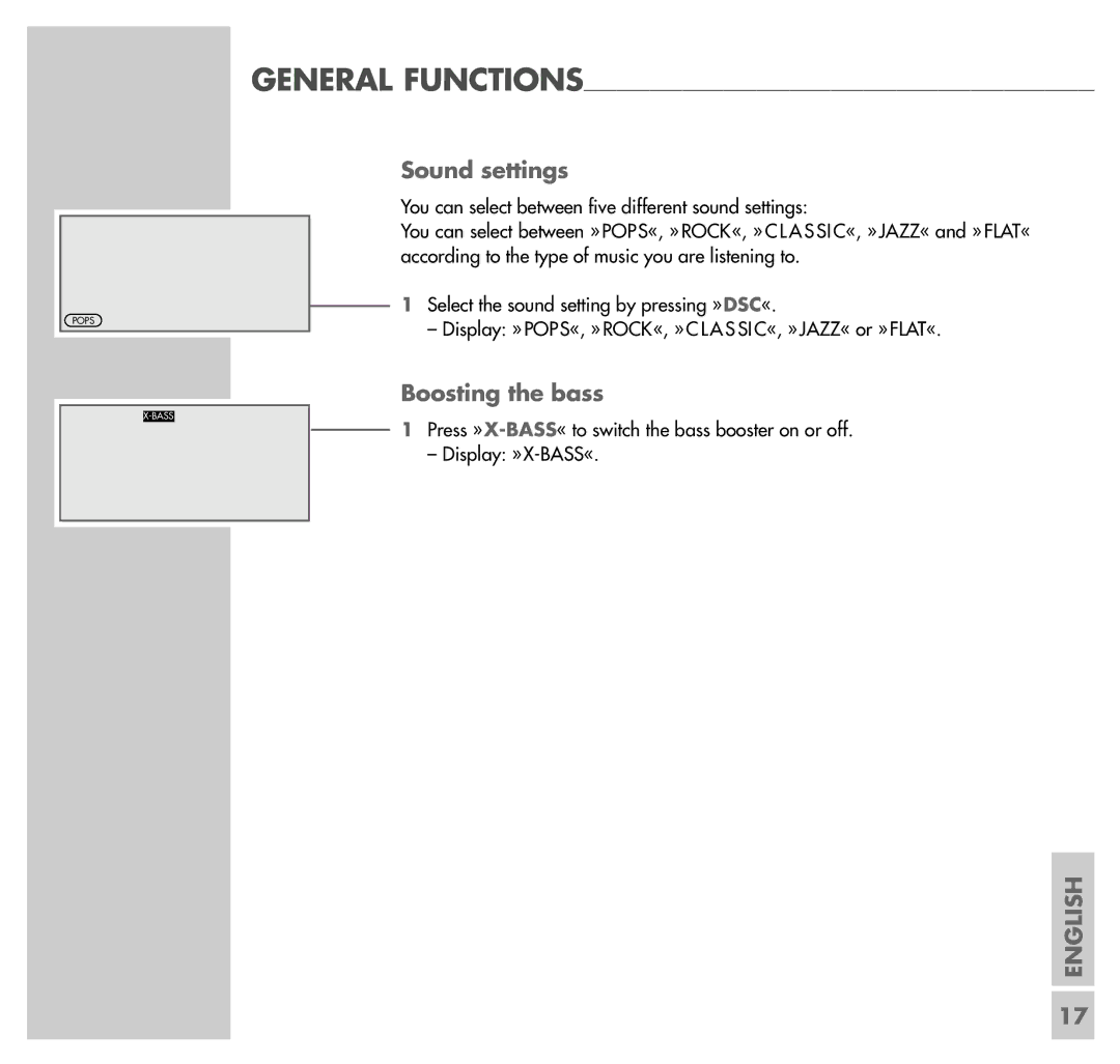 Grundig UMS 5100 manual Sound settings, Boosting the bass 