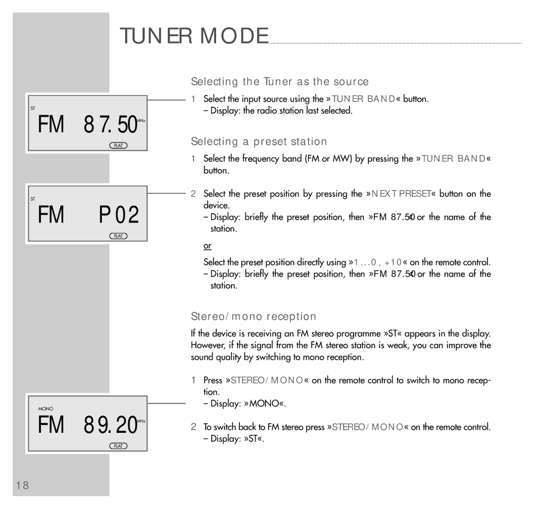 Grundig UMS 5100 8 7 0MHz, 8 9 0MHz, Selecting the Tuner as the source, Selecting a preset station, Stereo/mono reception 