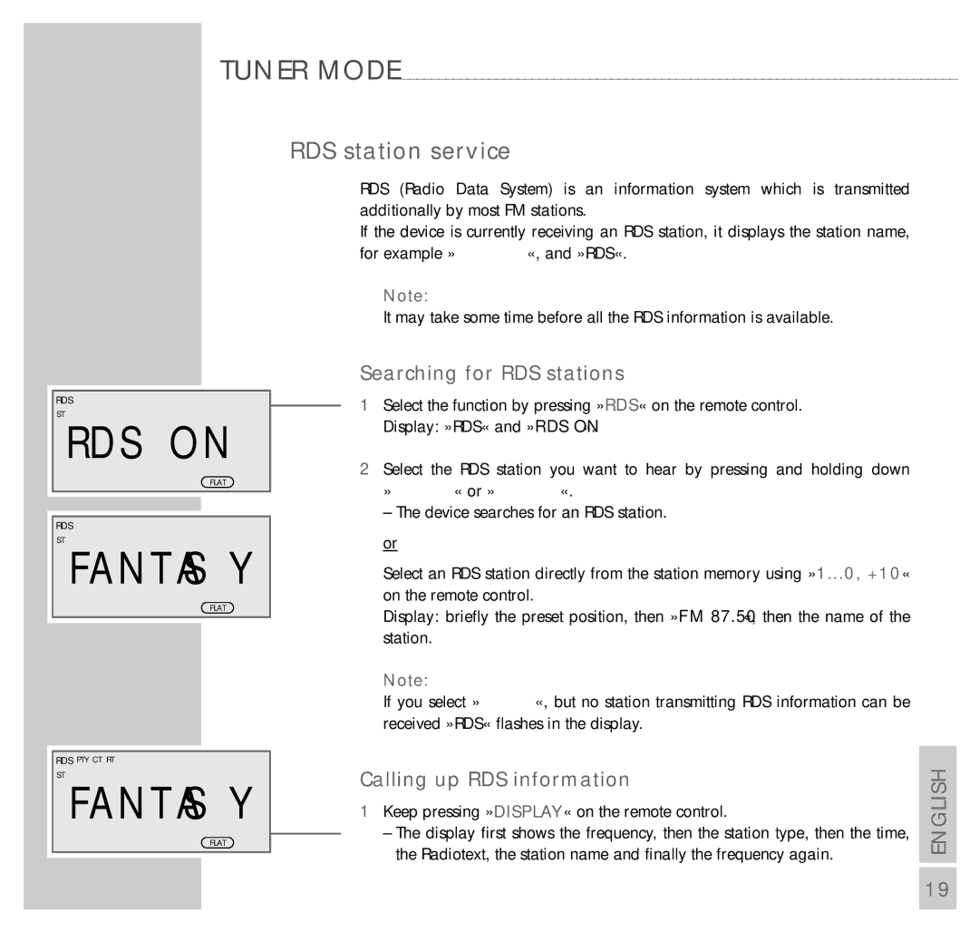 Grundig UMS 5100 manual RDS station service, Searching for RDS stations, Calling up RDS information 