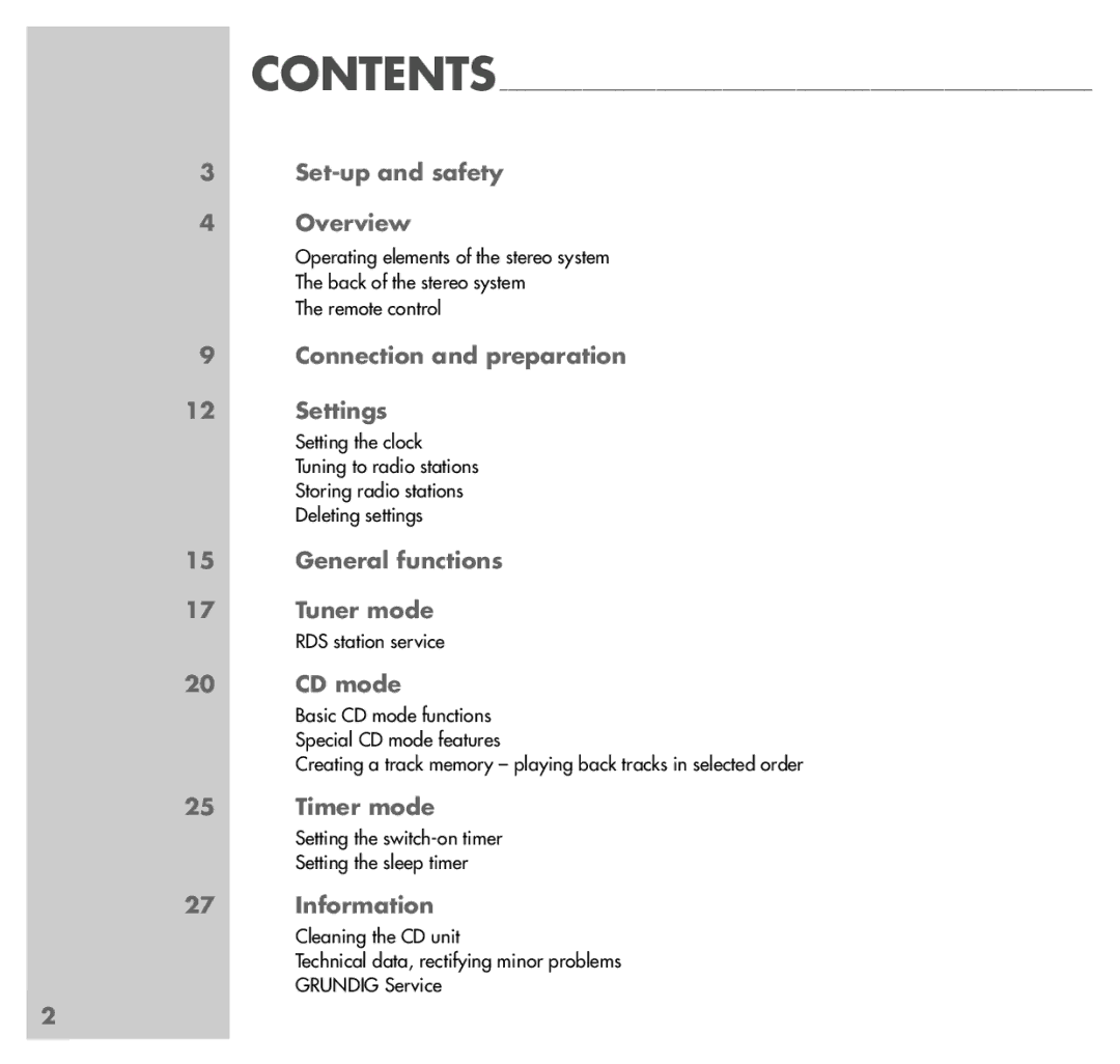 Grundig UMS 5100 Set-up and safety Overview, Connection and preparation, Settings, General functions, Tuner mode, CD mode 