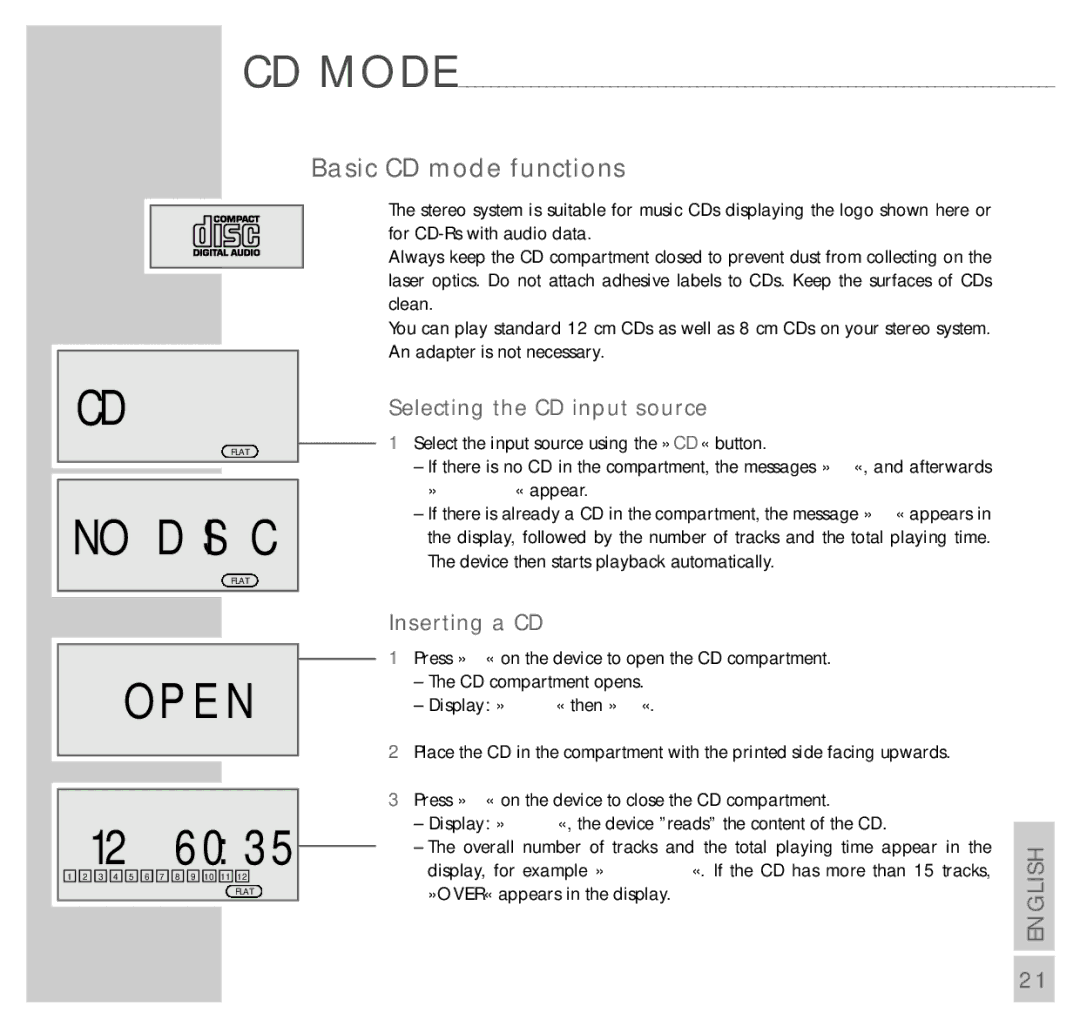 Grundig UMS 5100 manual 6 0 3, Basic CD mode functions, Selecting the CD input source, Inserting a CD 