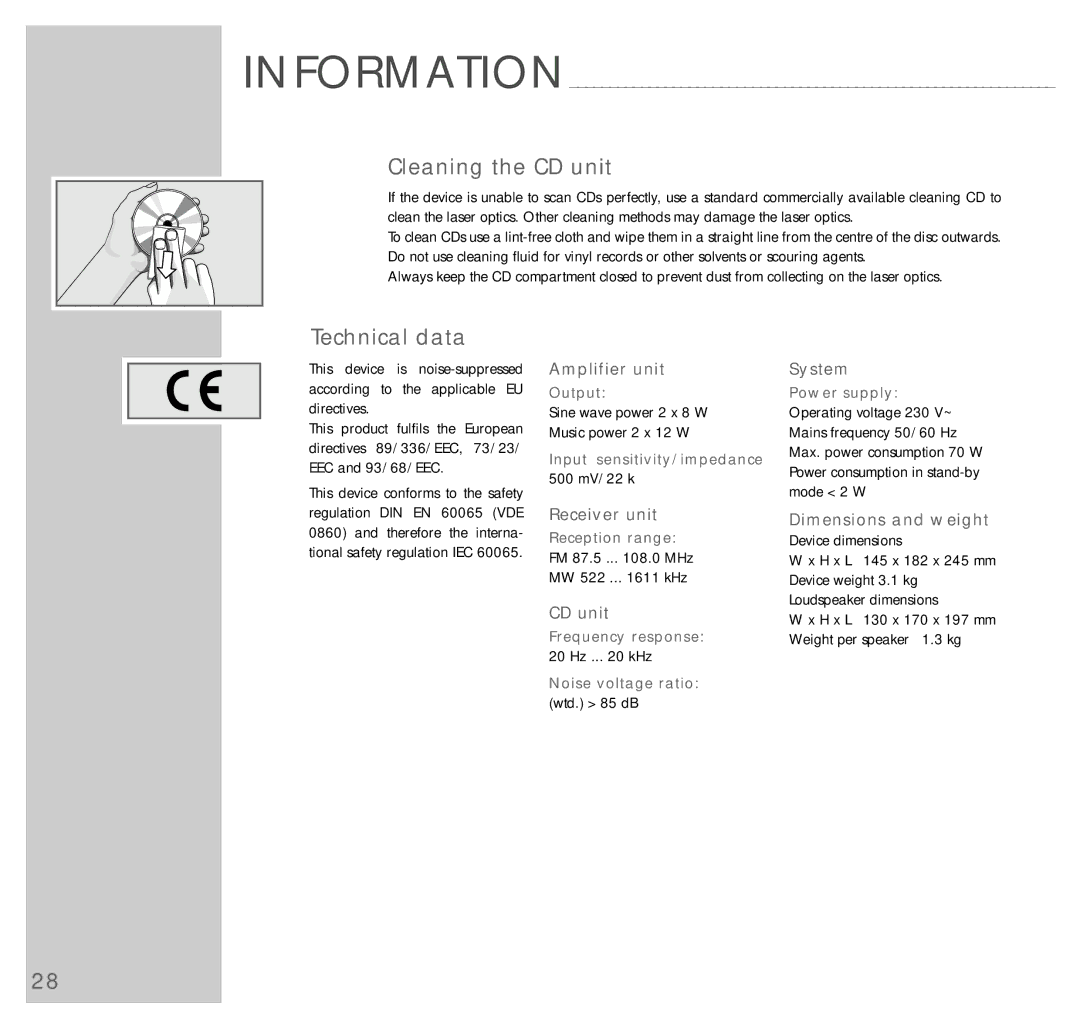 Grundig UMS 5100 manual Cleaning the CD unit, Technical data 