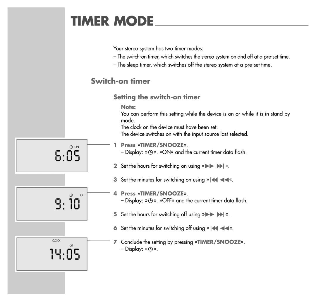 Grundig UMS 5100 manual 1 4, Switch-ontimer, 1Press »TIMER/SNOOZE«, 4Press »TIMER/SNOOZE« 