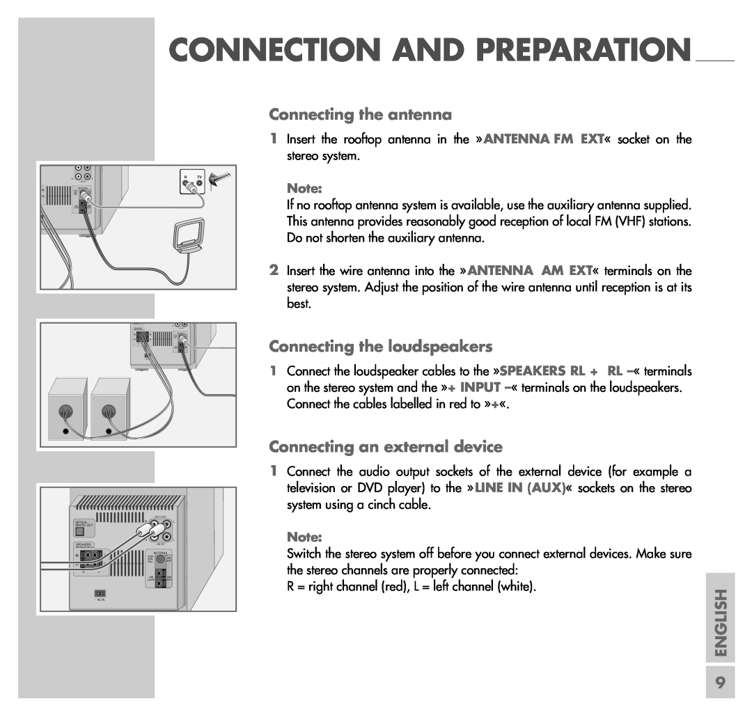 Grundig UMS 5100 manual Connection And Preparation, Connecting the antenna, Connecting the loudspeakers, English 