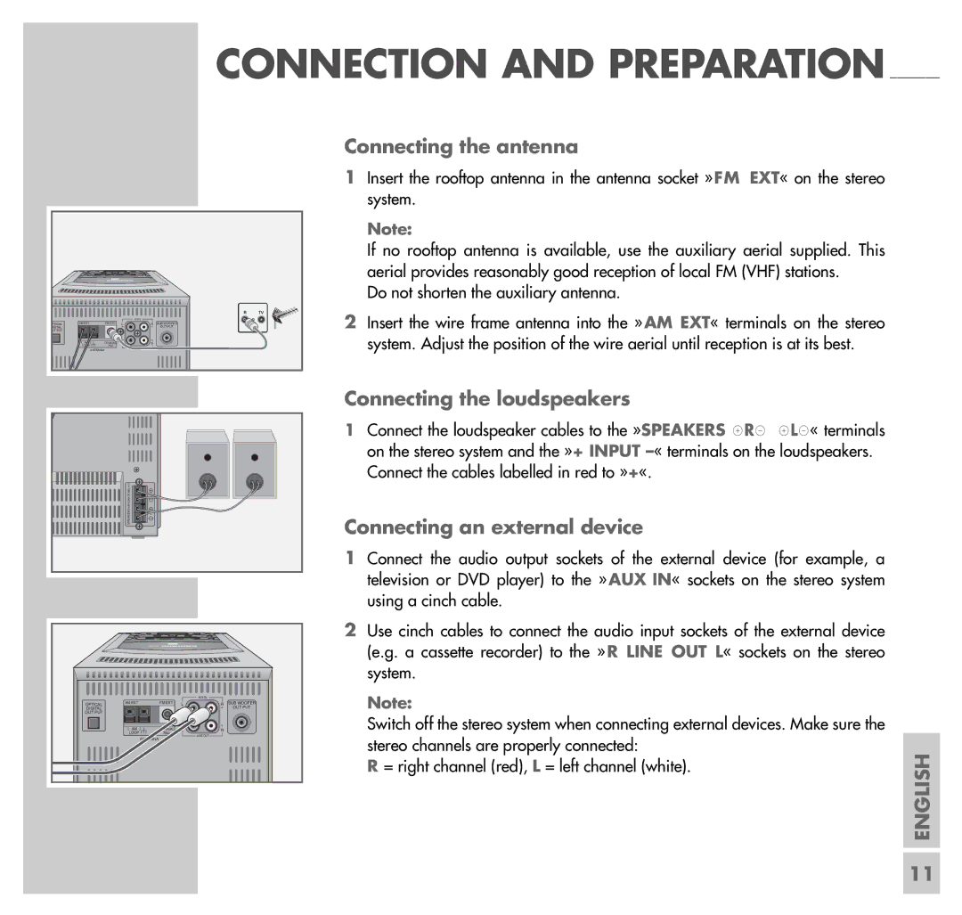 Grundig UMS 5101 CDC manual Connecting the antenna, Connecting the loudspeakers, Connecting an external device 