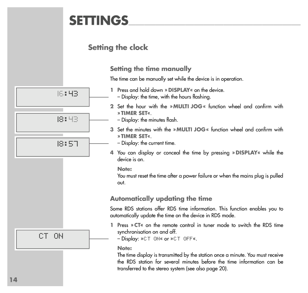 Grundig UMS 5101 CDC 1643 1843 1857, CT on, Setting the clock, Setting the time manually, Automatically updating the time 