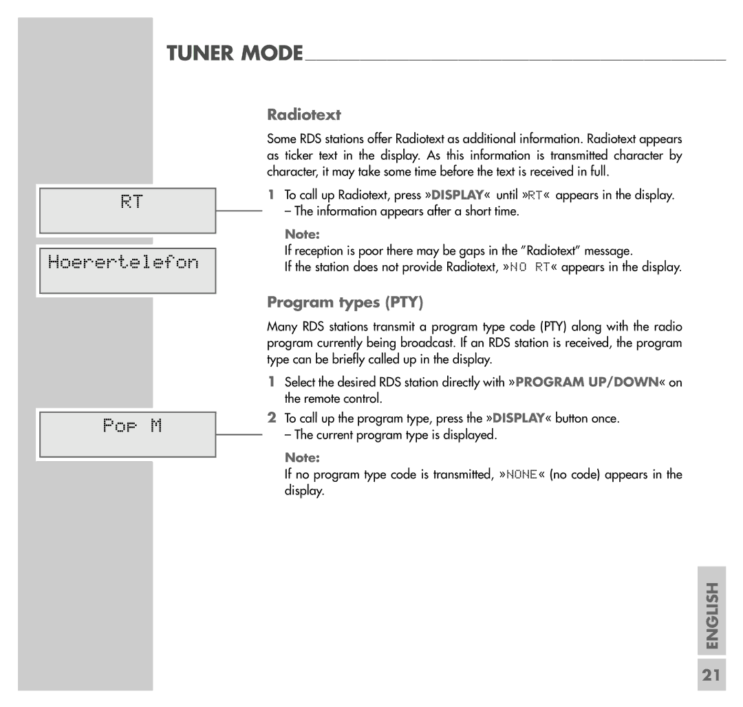 Grundig UMS 5101 CDC manual Hoerertelefon Pop M, Radiotext, Program types PTY 