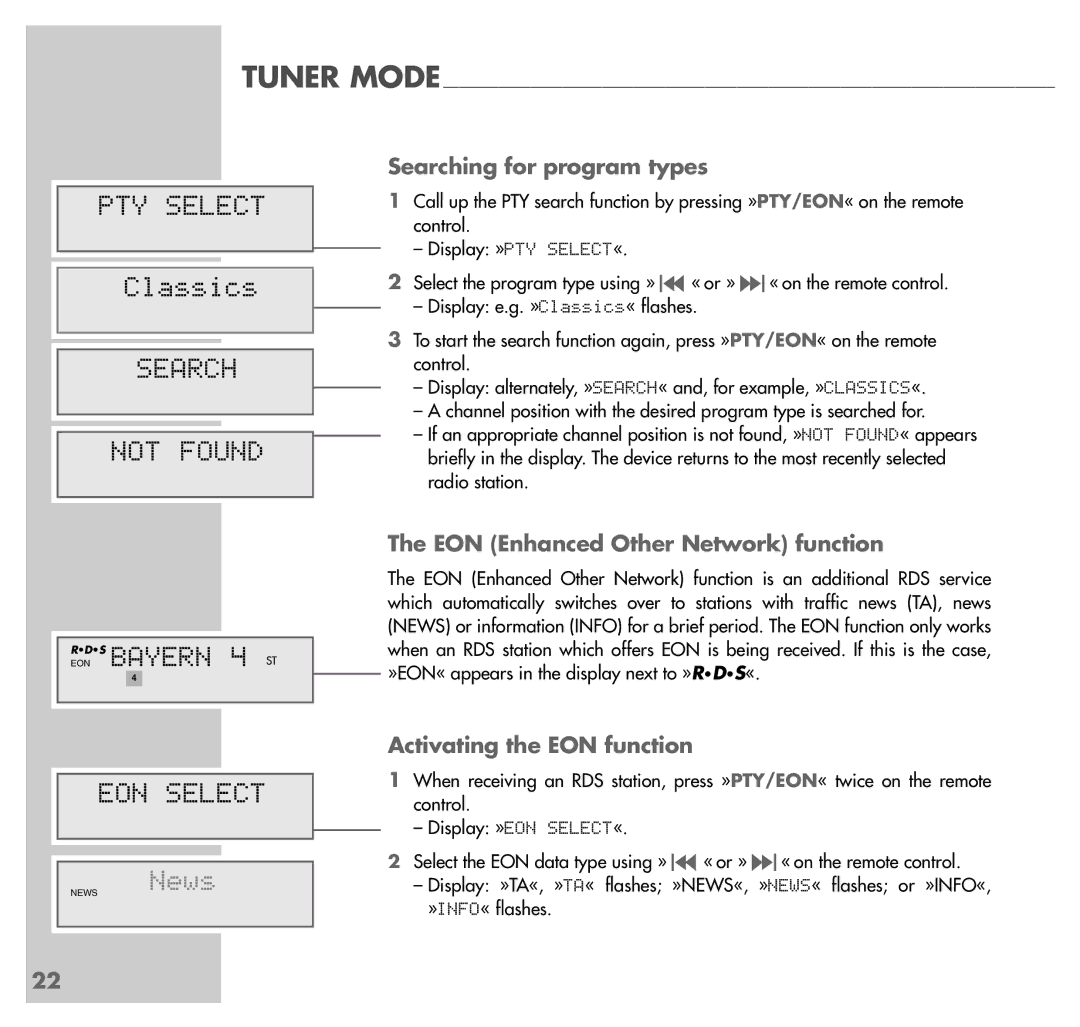 Grundig UMS 5101 CDC manual PTY Select, Classics, Search Not Found, EON Bayern 4 ST EON Select 