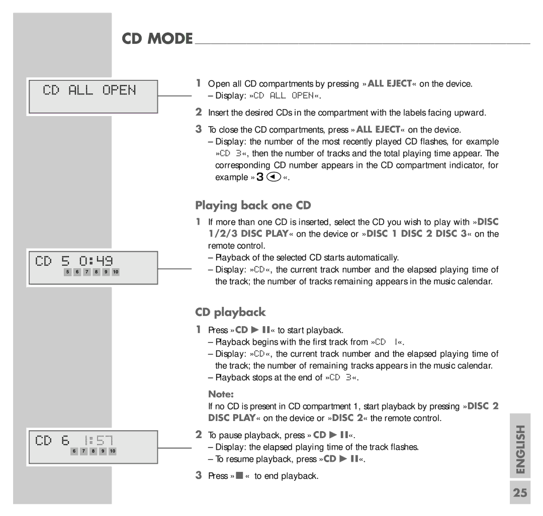 Grundig UMS 5101 CDC manual CD ALL Open, CD 5, CD 6, Playing back one CD, CD playback 