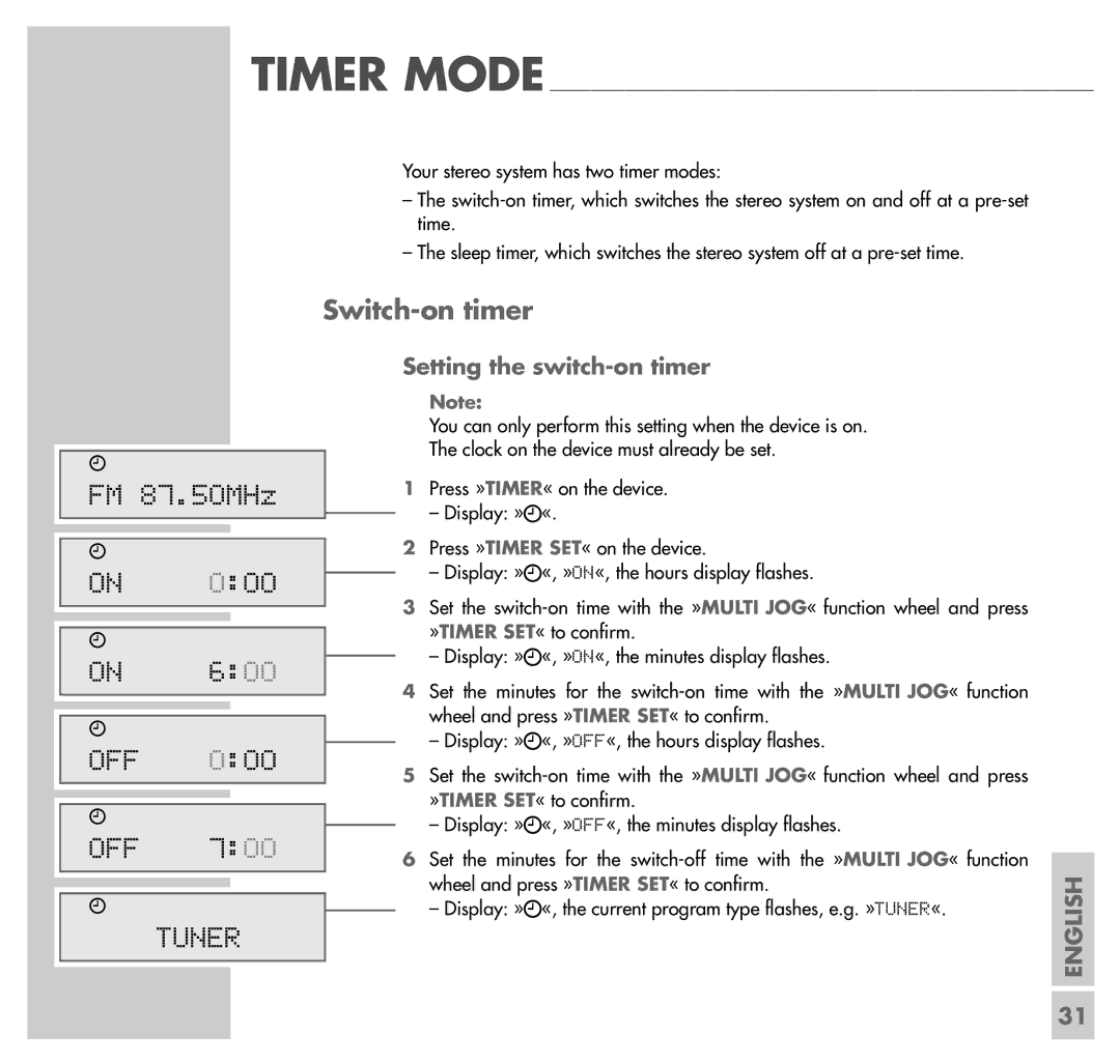 Grundig UMS 5101 CDC manual FM 87.50MHz OFF, Tuner, Switch-on timer, Setting the switch-on timer 