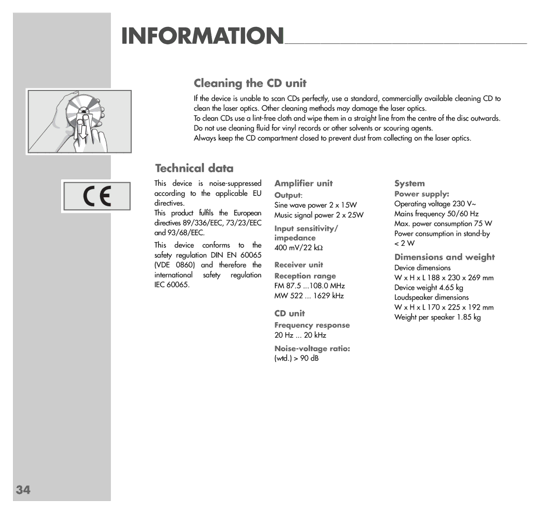 Grundig UMS 5101 CDC manual Cleaning the CD unit, Technical data 