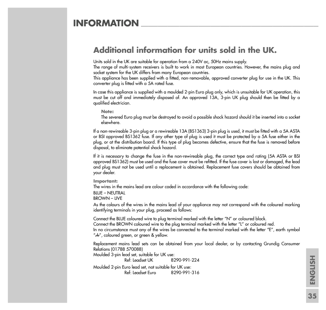 Grundig UMS 5101 CDC manual Additional information for units sold in the UK, Blue Neutral Brown Live 