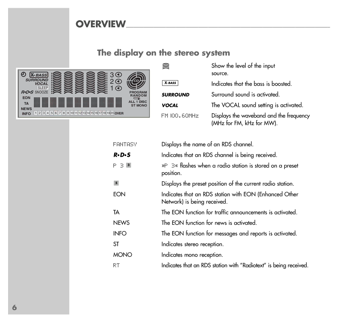 Grundig UMS 5101 CDC manual Display on the stereo system, Rds 