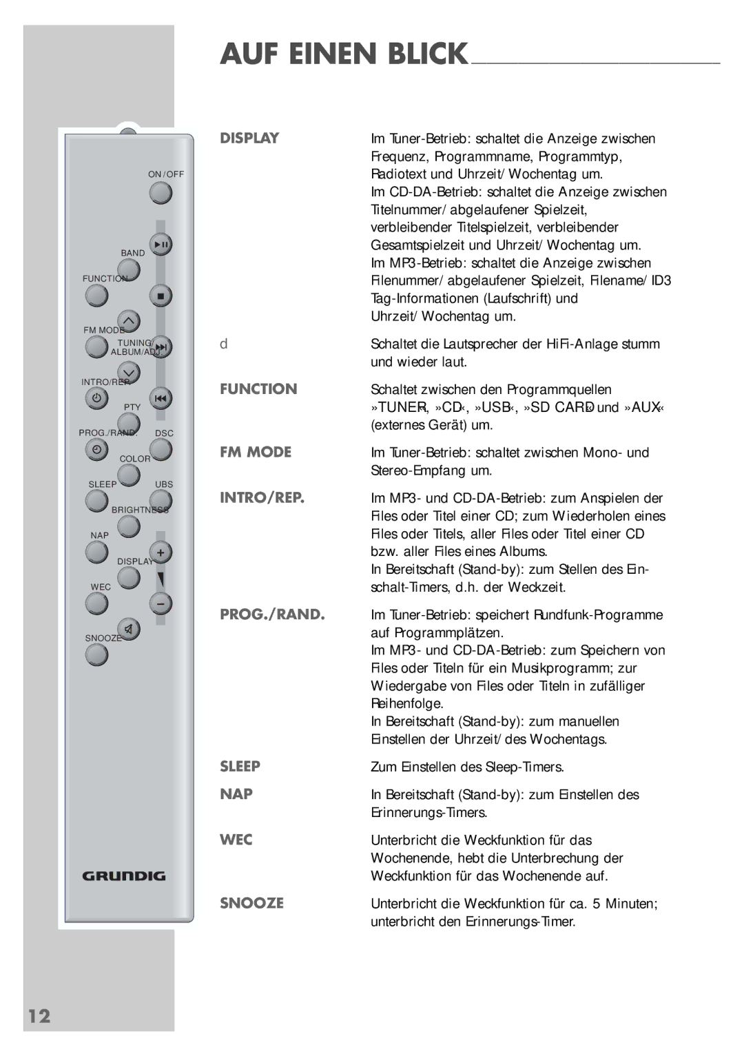 Grundig UMS 5400 DEC manual Display, Function, FM Mode, Intro/Rep, Sleep, Nap, Wec, Snooze 