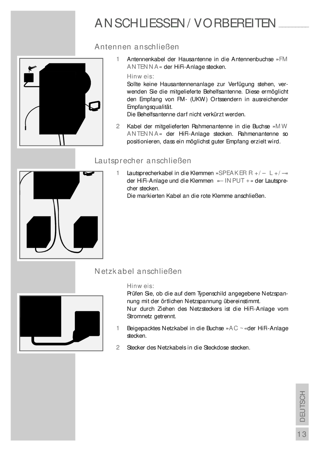 Grundig UMS 5400 DEC manual Antennen anschließen, Lautsprecher anschließen, Netzkabel anschließen, Hinweis 