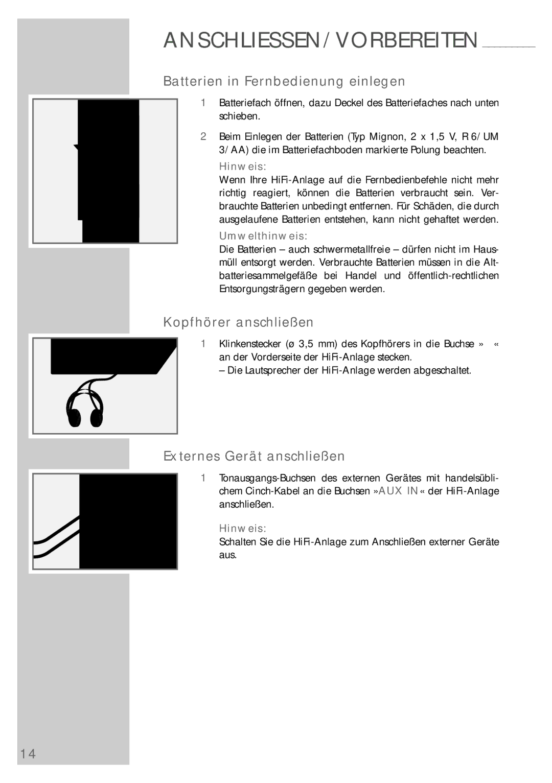 Grundig UMS 5400 DEC Batterien in Fernbedienung einlegen, Kopfhörer anschließen, Externes Gerät anschließen, Umwelthinweis 