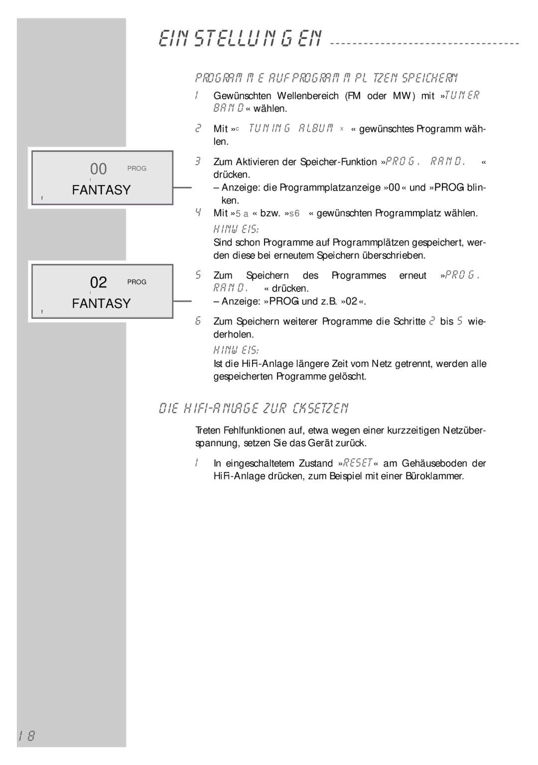 Grundig UMS 5400 DEC manual Die HiFi-Anlage zurücksetzen, Einstellungen Programme auf Programmplätzen speichern 