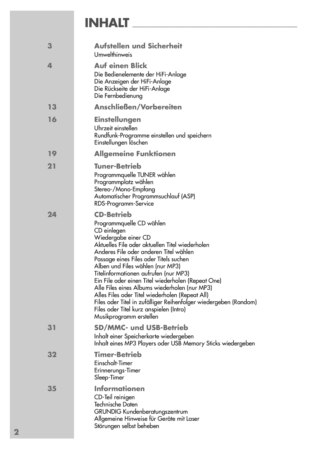 Grundig UMS 5400 DEC Inhalt Aufstellen und Sicherheit, Auf einen Blick, Anschließen/Vorbereiten Einstellungen, CD-Betrieb 