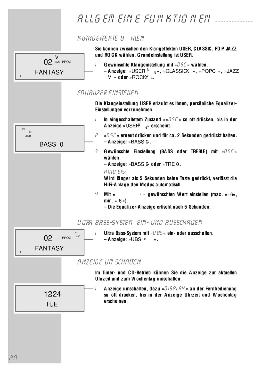 Grundig UMS 5400 DEC Klangeffekte wählen, Equalizer einstellen, Ultra Bass-System ein- und ausschalten, Anzeige umschalten 