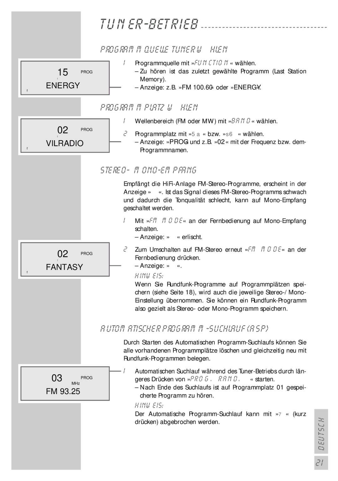 Grundig UMS 5400 DEC manual Programmquelle Tuner wählen, Vilradio 