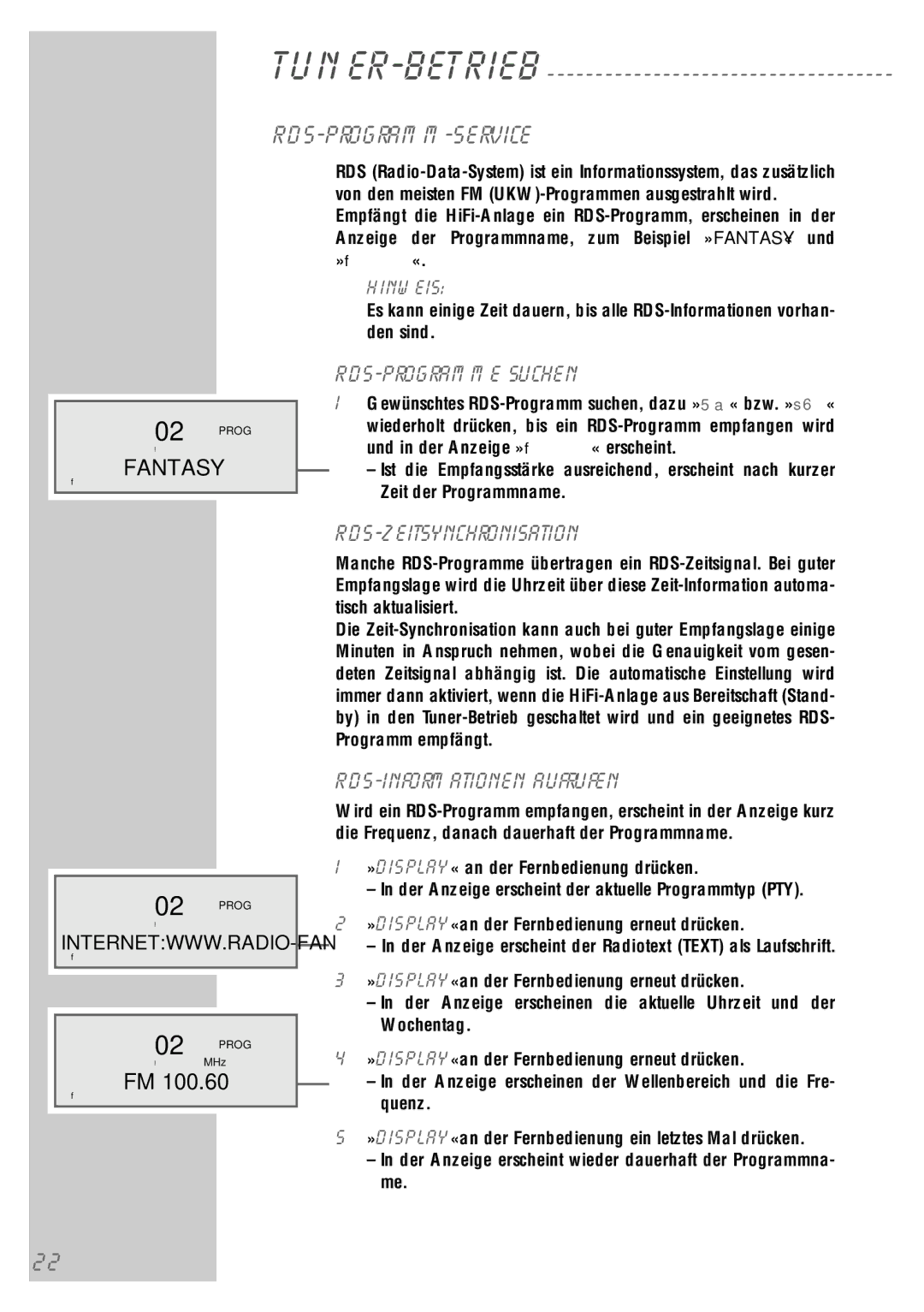 Grundig UMS 5400 DEC manual RDS-Programm-Service, RDS-Programme suchen, RDS-Zeitsynchronisation, RDS-Informationen aufrufen 