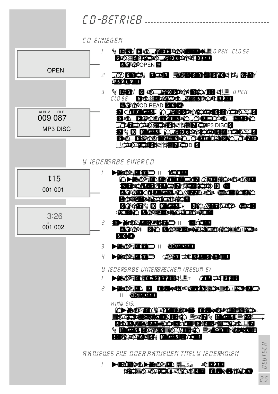 Grundig UMS 5400 DEC manual 009, 115, CD einlegen, Wiedergabe einer CD, Aktuelles File oder aktuellen Titel wiederholen 