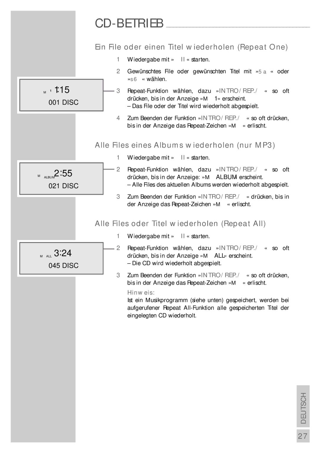 Grundig UMS 5400 DEC manual Ein File oder einen Titel wiederholen Repeat One, Alle Files eines Albums wiederholen nur MP3 