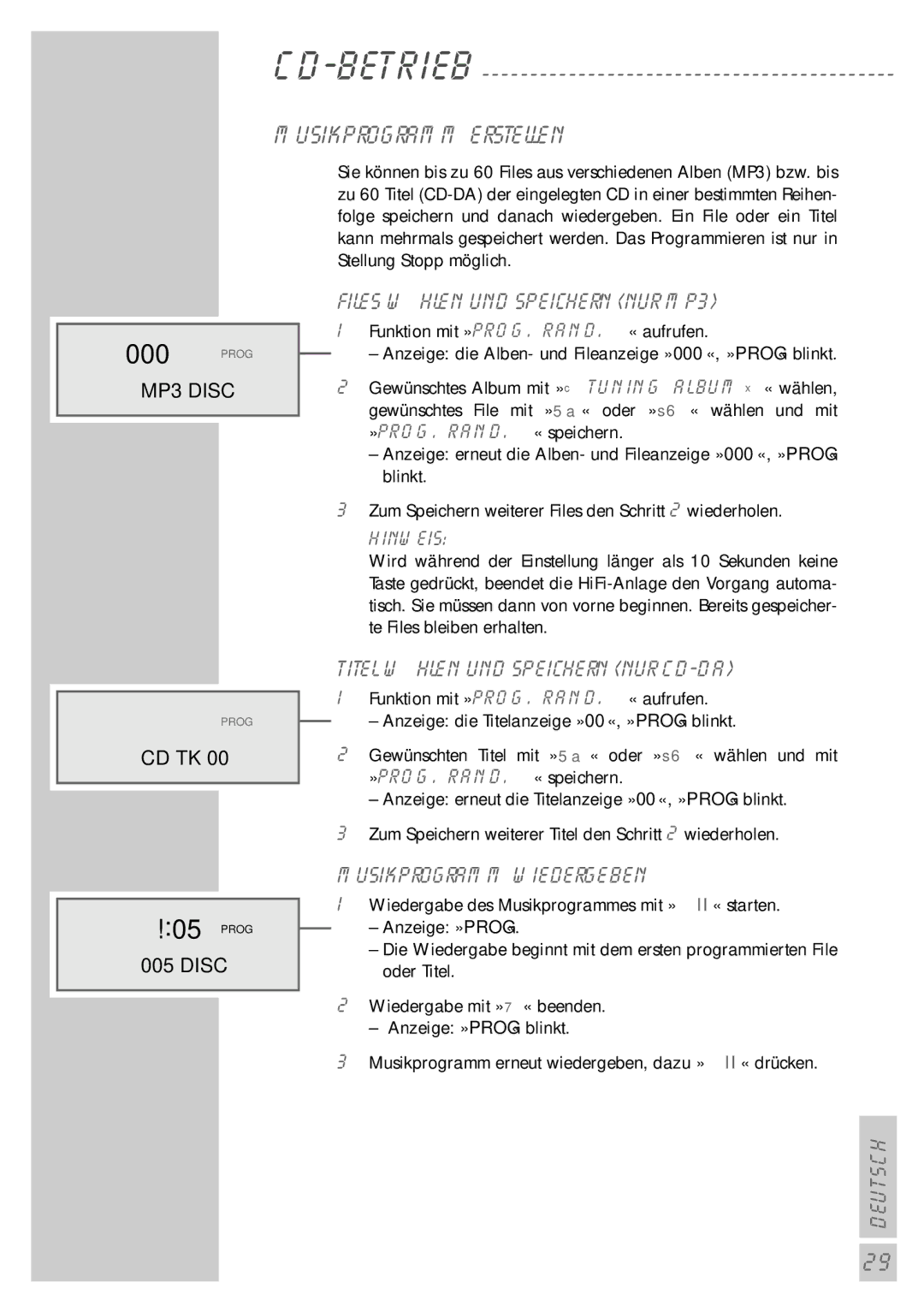 Grundig UMS 5400 DEC manual Prog, Musikprogramm erstellen, Files wählen und speichern nur MP3 