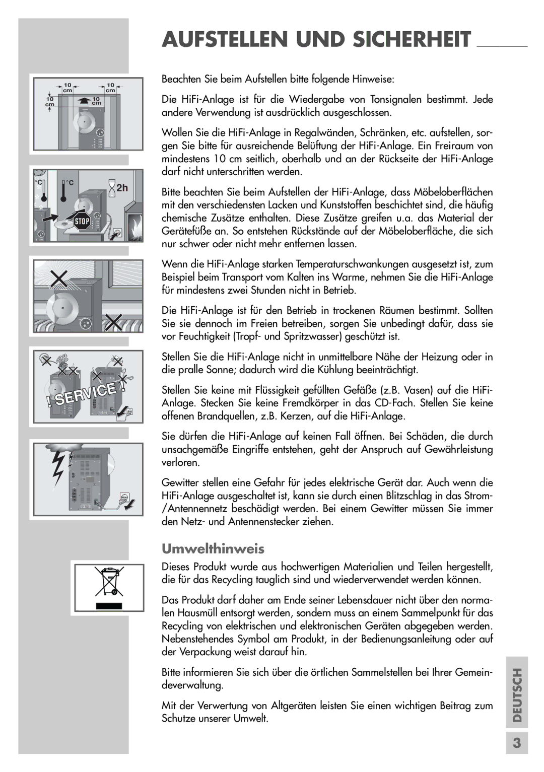 Grundig UMS 5400 DEC manual Aufstellen UND Sicherheit, Umwelthinweis 