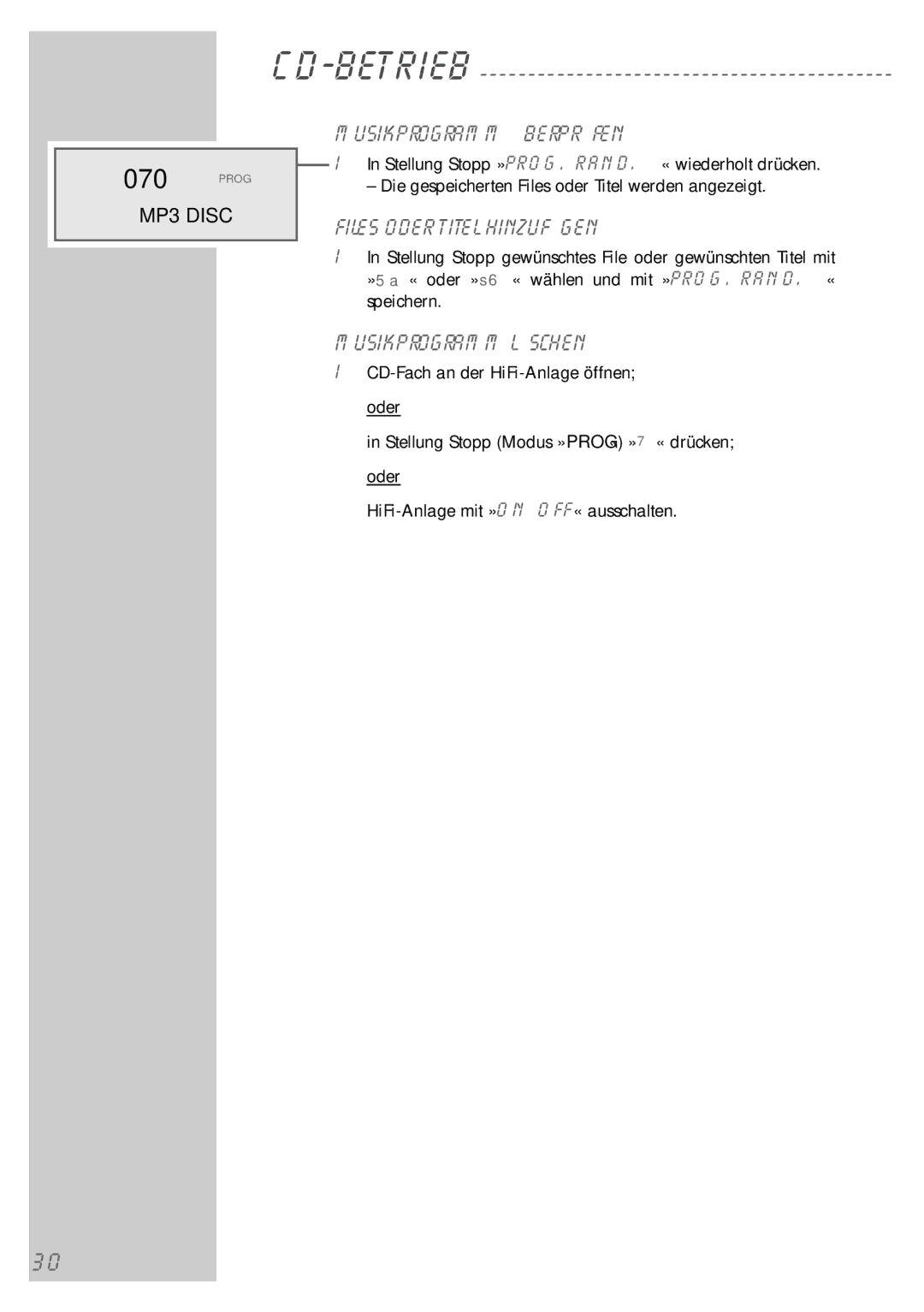 Grundig UMS 5400 DEC manual 070, Musikprogramm überprüfen, Files oder Titel hinzufügen, Musikprogramm löschen 