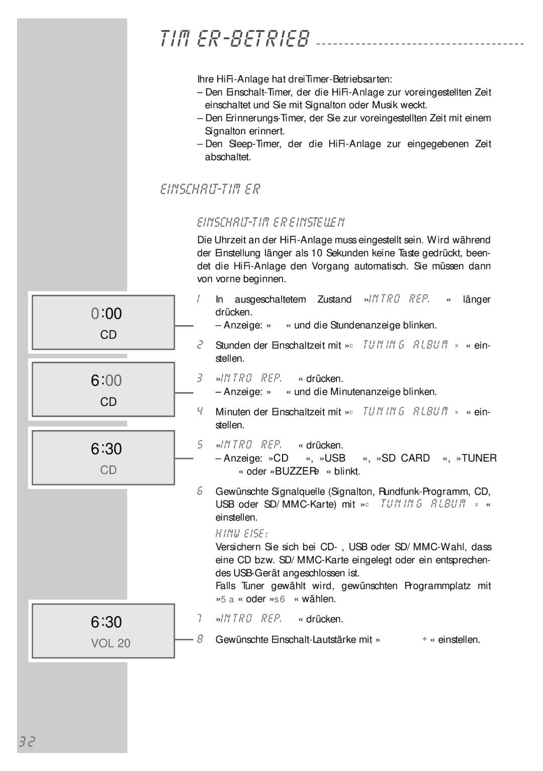 Grundig UMS 5400 DEC manual 000 600 630, Einschalt-Timer einstellen, Timer-Betrieb 