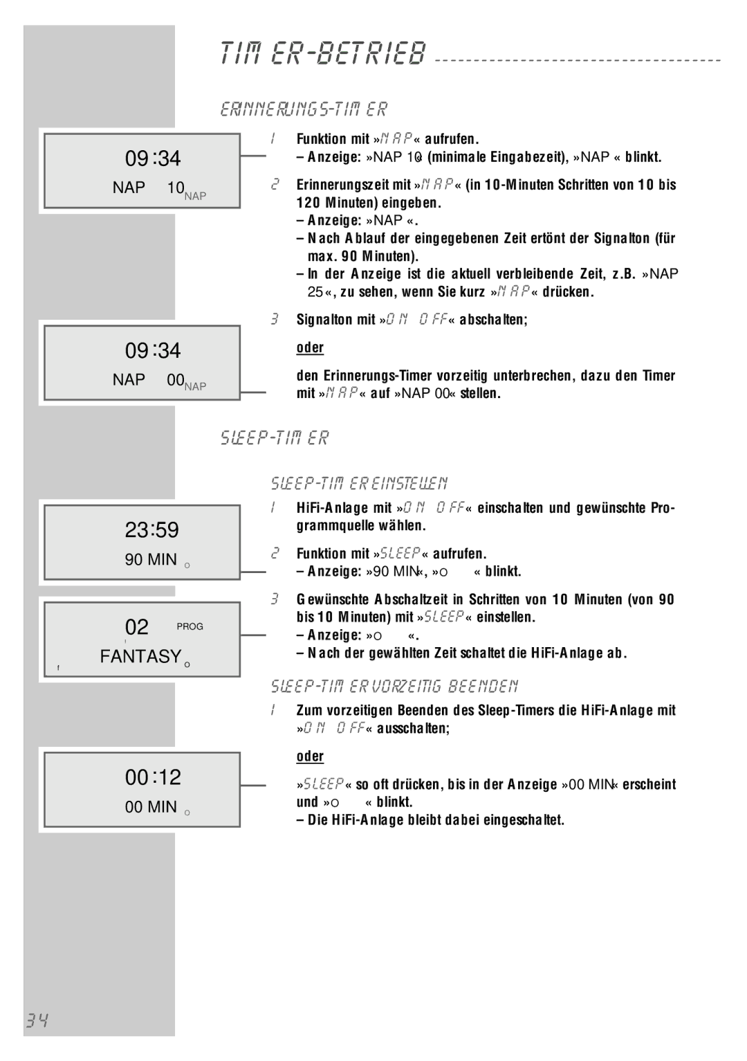 Grundig UMS 5400 DEC manual 0934, 2359, 0012, Erinnerungs-Timer, Sleep-Timer 