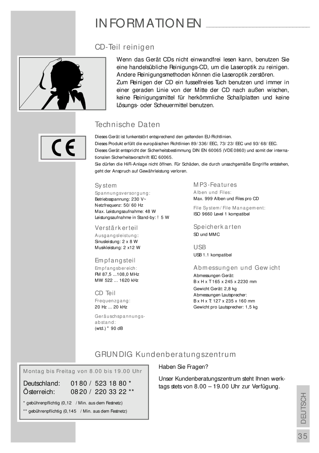 Grundig UMS 5400 DEC manual CD-Teil reinigen, Technische Daten, Grundig Kundenberatungszentrum 