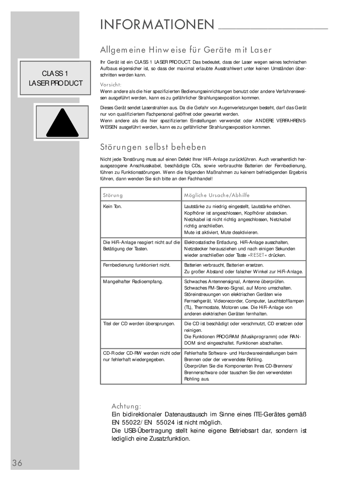 Grundig UMS 5400 DEC manual Allgemeine Hinweise für Geräte mit Laser, Störungen selbst beheben 