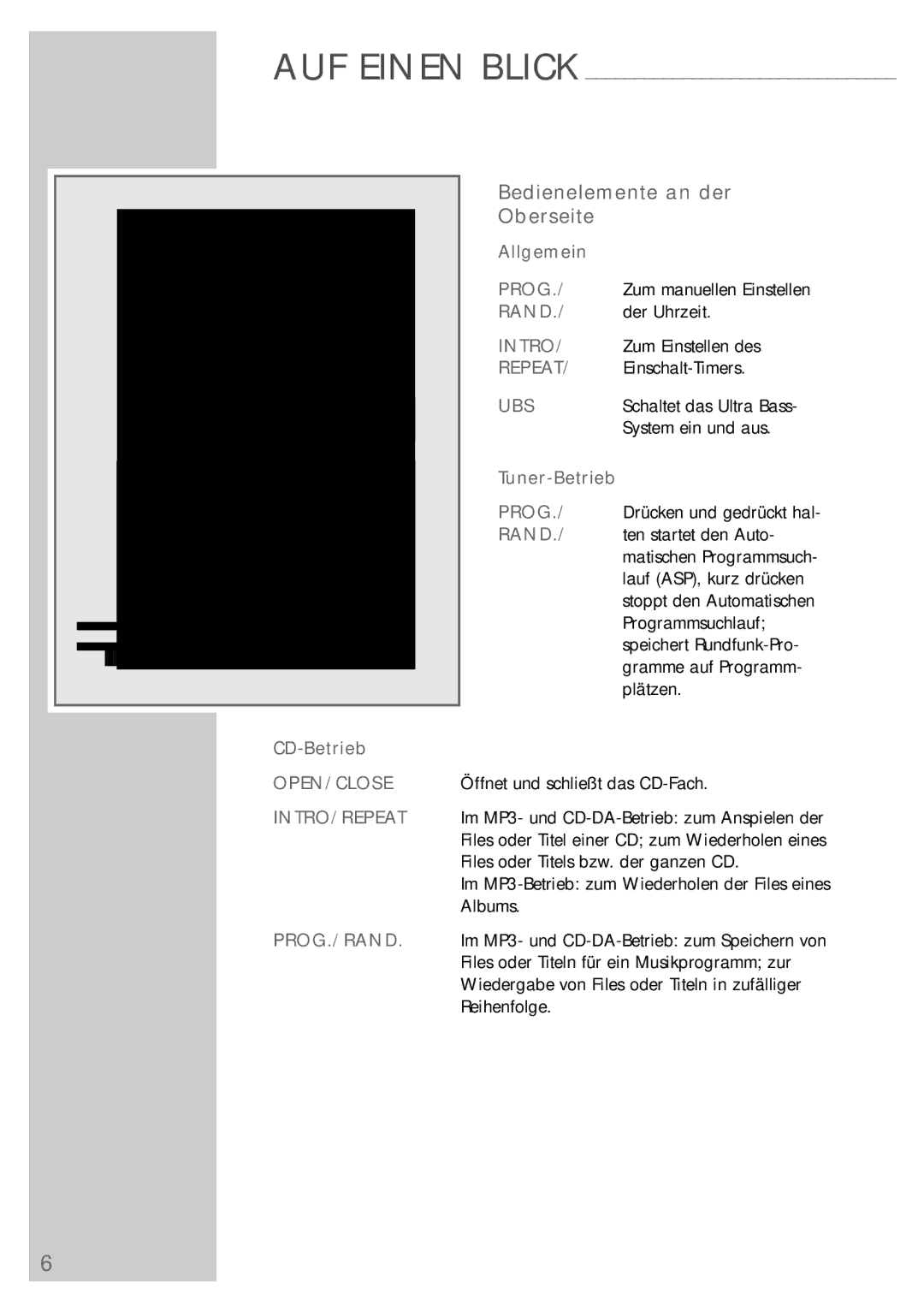 Grundig UMS 5400 DEC manual Bedienelemente an der Oberseite, Prog Rand, Ubs, CD-Betrieb, Open/Close Intro/Repeat Prog./Rand 