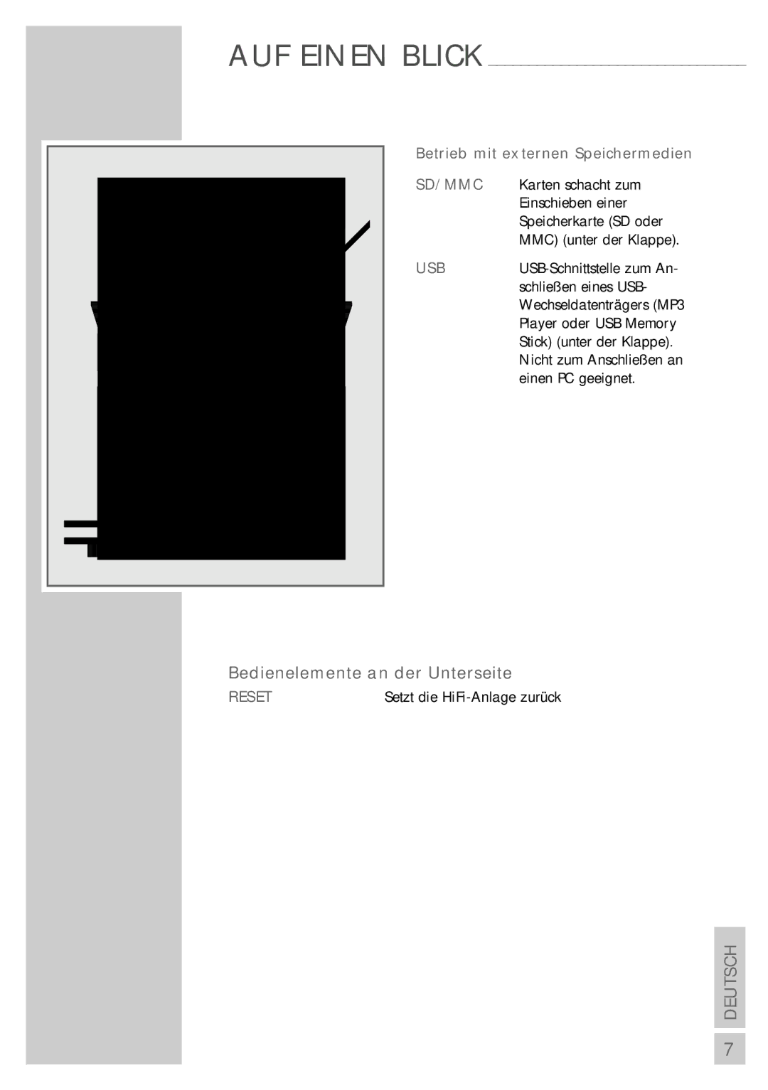 Grundig UMS 5400 DEC manual Bedienelemente an der Unterseite, Betrieb mit externen Speichermedien, Sd/Mmc, Usb, Reset 