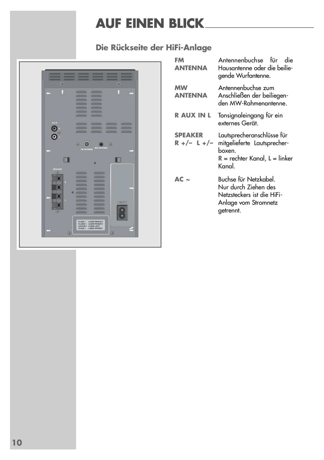 Grundig UMS 5400 DEC manual Die Rückseite der HiFi-Anlage, Ac ~, Auf Einen Blick 