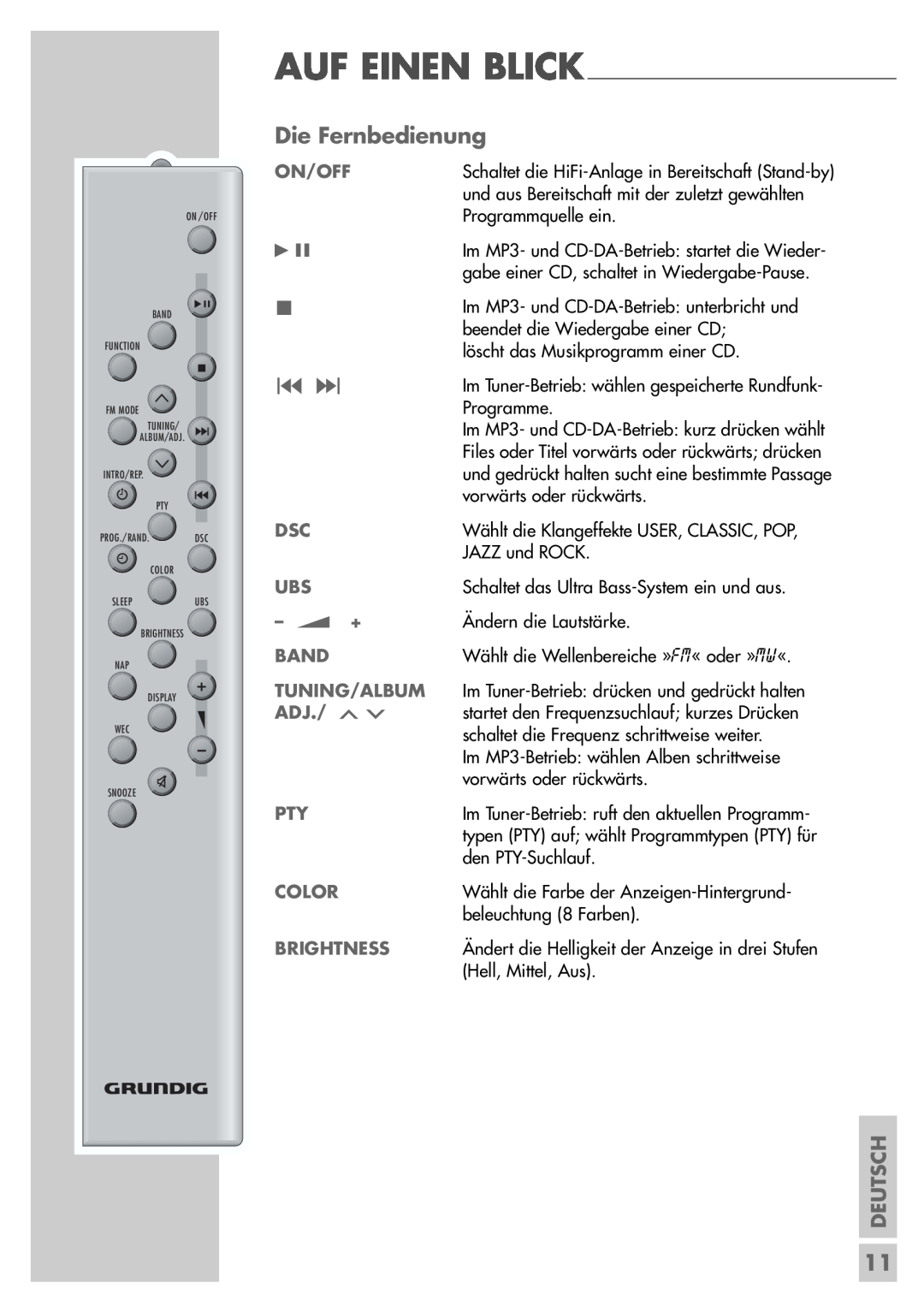 Grundig UMS 5400 DEC manual Die Fernbedienung, Color, Brightness, Deutsch, Auf Einen Blick, On/Off, +, Band, Tuning/Album 
