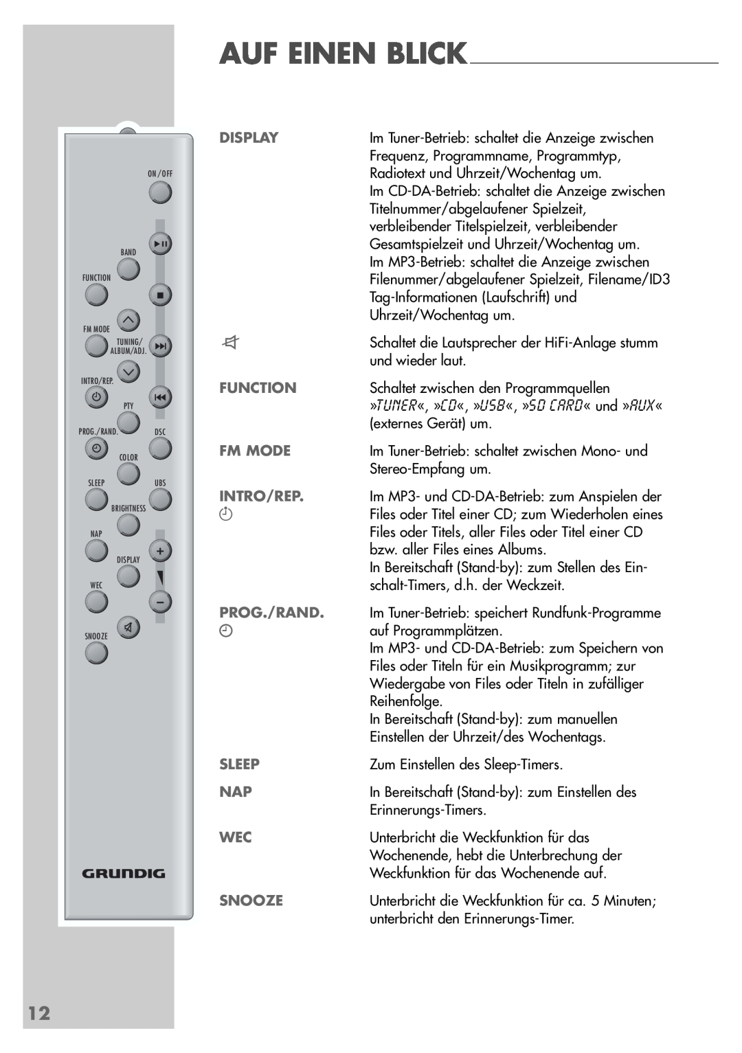 Grundig UMS 5400 DEC manual Display, Function, Fm Mode, Intro/Rep, Sleep, Snooze, Auf Einen Blick, Prog./Rand 