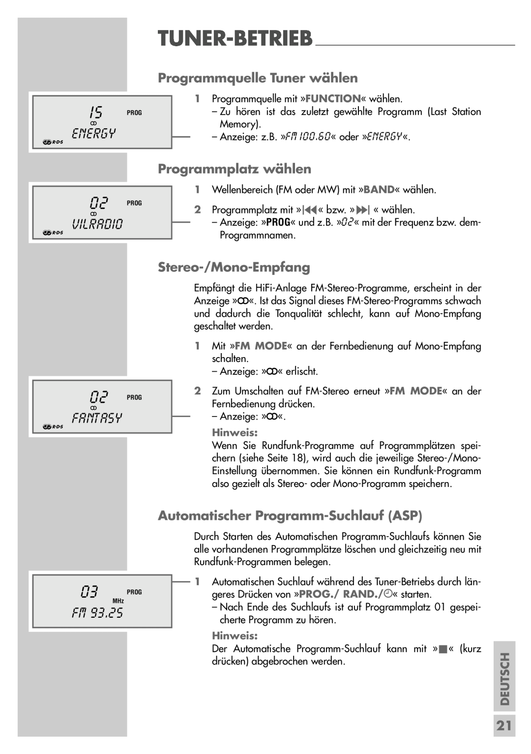 Grundig UMS 5400 DEC manual Programmquelle Tuner wählen, Vilradio, Energy, Fantasy, Deutsch, Hinweis 
